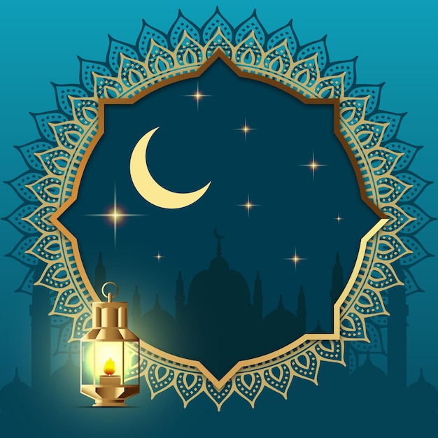 Eid mubarak con la lanterna e la luna sullo sfondo