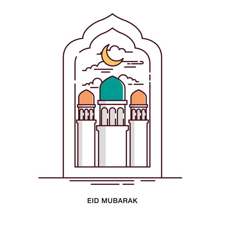 Eid Mubarak saluto con la torre della moschea all'interno dell'arco