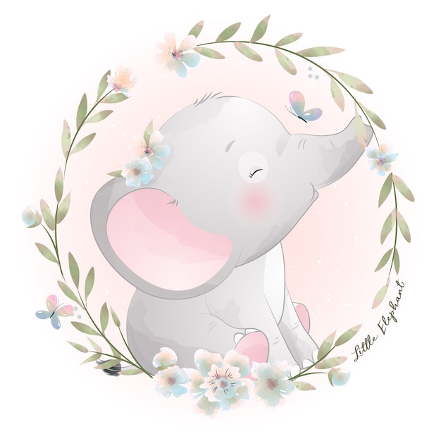 Elefante sveglio di doodle con illustrazione floreale