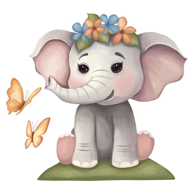Elefantino e farfalla svegli nell'illustrazione di stile dell'acquerello