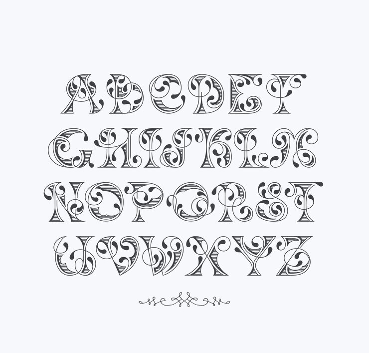 Vettore elegante carattere decorativo grafico retrò. alfabeto latino di lettere d'epoca.