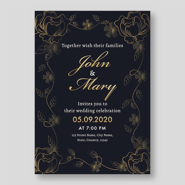 Elegante carta di invito a nozze con dettagli dell'evento.