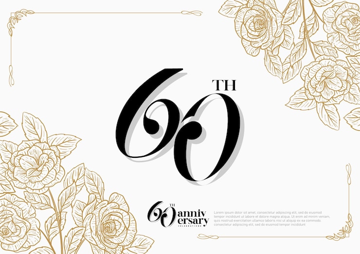 Vettore elegante celebrazione del 60° anniversario con sfondo d'oro e fiori di rosa