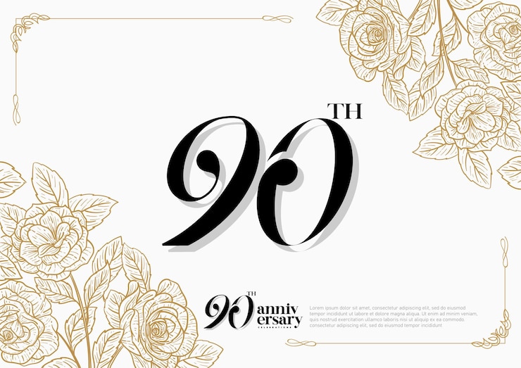 Vettore elegante celebrazione del 90° anniversario con sfondo d'oro e fiori di rosa