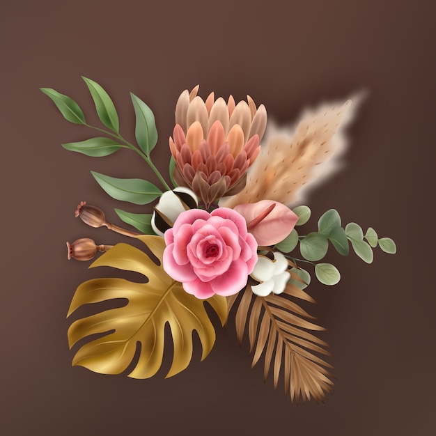 Elegante composizione floreale con rose, protee e foglie secche