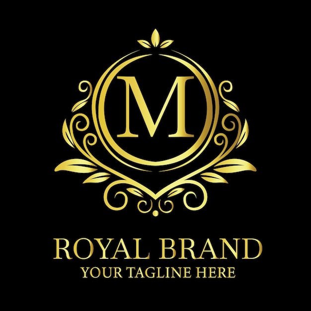 Elegante design di logo di lusso dorato M per il marchio reale con opzione di tagline personalizzabile