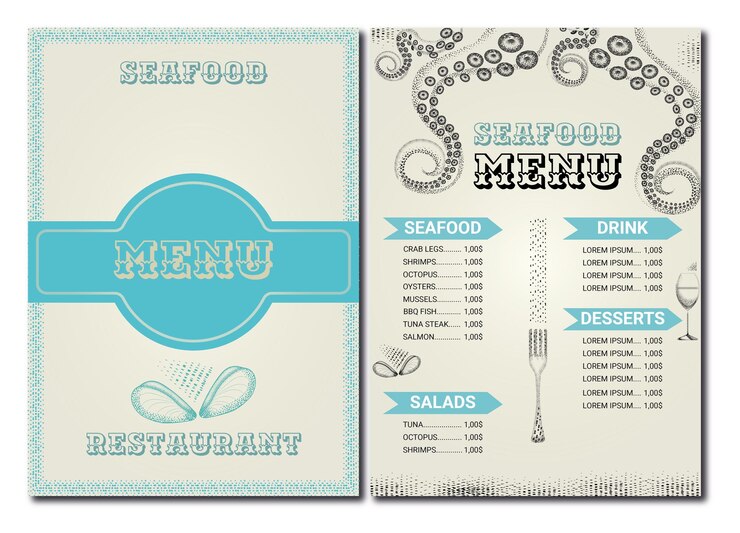 Vettore elegante disegno del menu pesce con icone di frutti di mare e illustrazione vettoriale del layout del testo