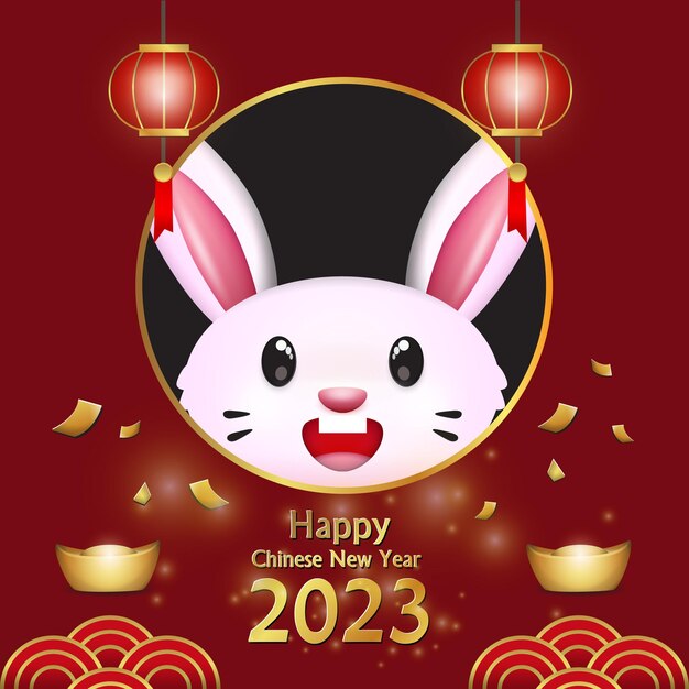 Elegante disegno dell'illustrazione dell'elemento del capodanno cinese 2023 con design principale della testa di coniglio