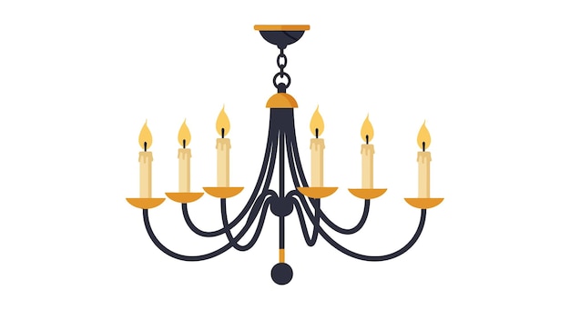 Elegante disegno di lampadario in stile piatto con accenti dorati e molteplici luci di candela in arte vettoriale