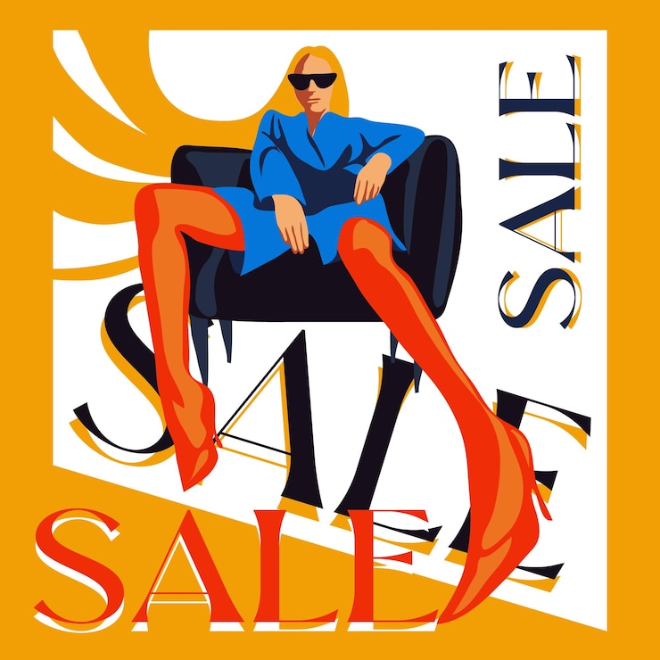Vettore elegante donna alla moda con i capelli in via di sviluppo signora d'affari rigorosa sconto black friday o vendita