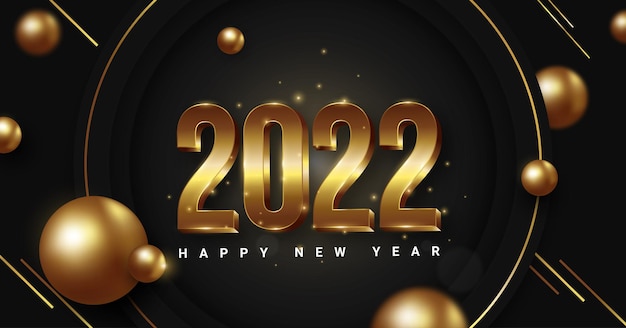 Elegante felice anno nuovo 2022 sfondo nero con illustrazione palla d'oro