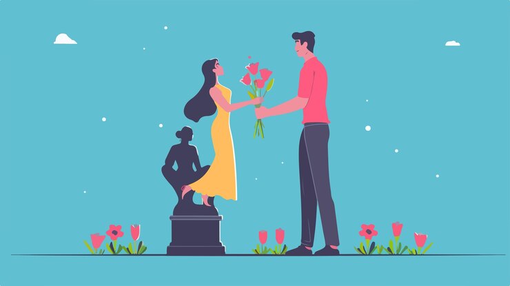 Vettore elegante giovane che presenta un bouquet su un ginocchio