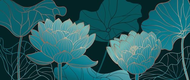 Elegante illustrazione lineare disegnata a mano di un fiore di loto su uno sfondo scuro