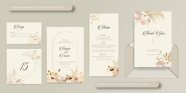 Elegante invito a nozze stazionario e modello di menu con bellissime foglie color acqua