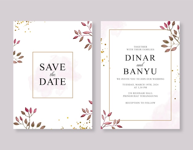 Elegante invito al matrimonio con foglie ad acquerello
