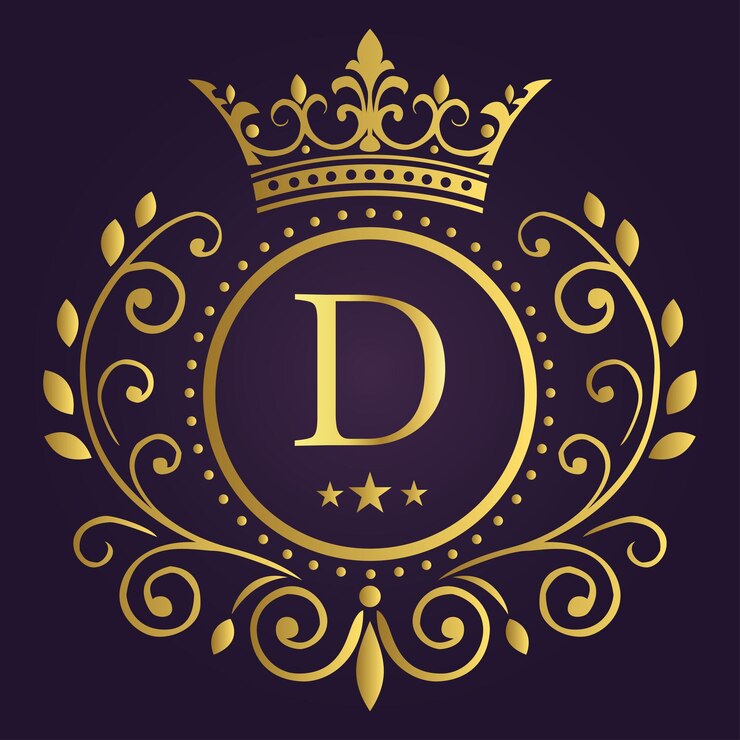 Elegante lettera d'oro D con corona di alloro e corona su sfondo viola profondo per un design reale