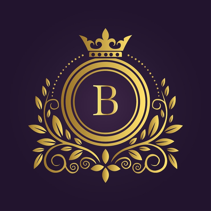 Vettore elegante lettera dorata b con corona di alloro e corona su sfondo viola profondo per un regale