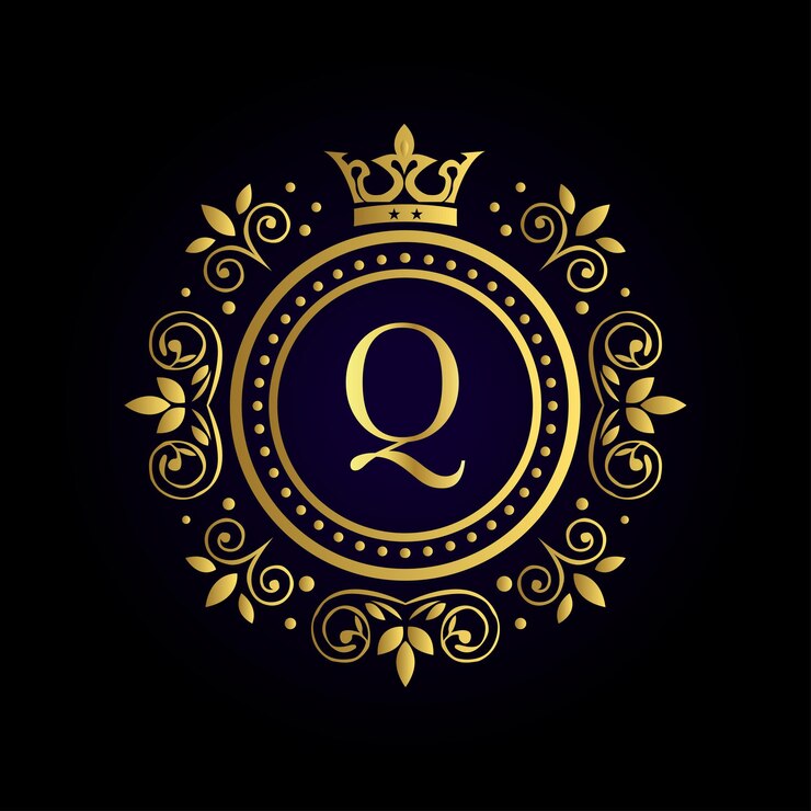 Elegante lettera dorata Q con corona di alloro e corona su sfondo viola profondo per un design reale