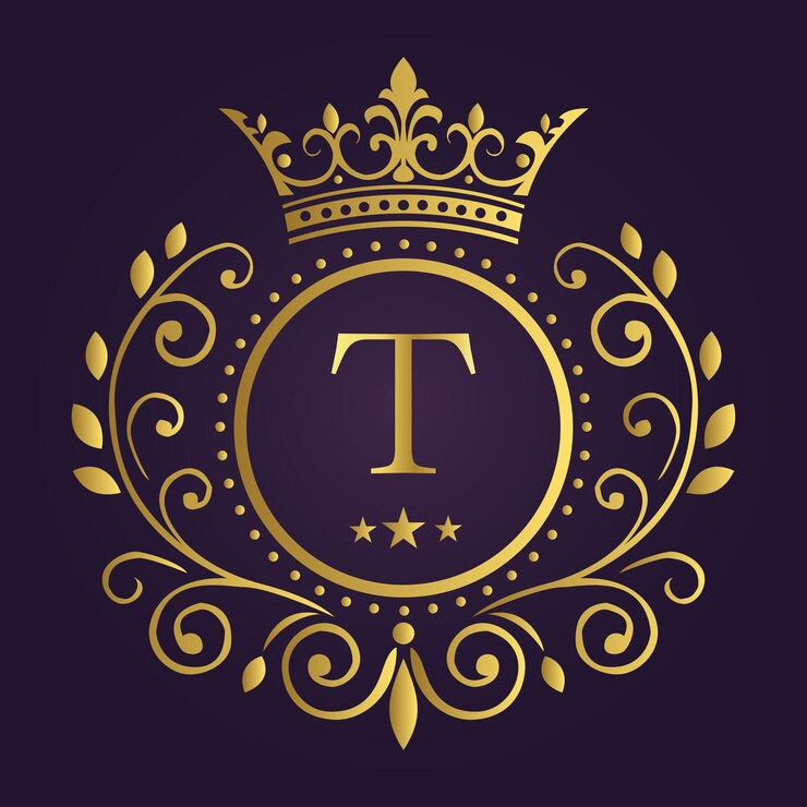 Elegante lettera T dorata con corona di alloro e corona su sfondo viola profondo per un design reale