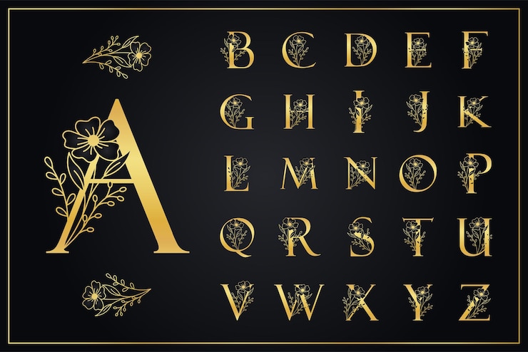 Vettore elegante logo floreale alfabeto oro dalla a alla z