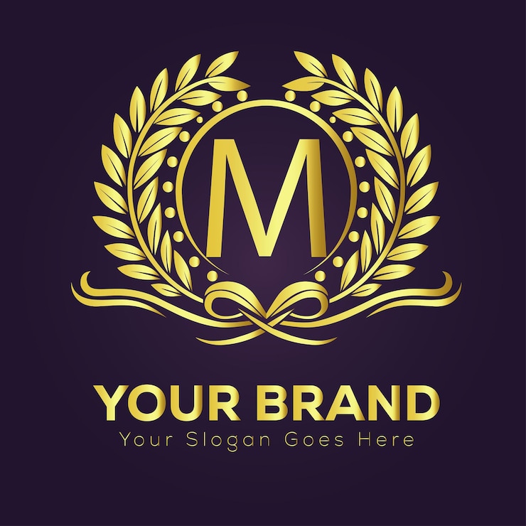 Vettore elegante logo in oro con corona di alloro m per un marchio di lusso e un'identità aziendale prestigiosa