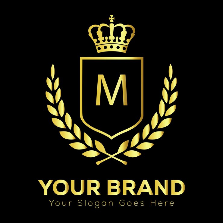 Vettore elegante logo in oro con corona di alloro m per un marchio di lusso e un'identità aziendale prestigiosa