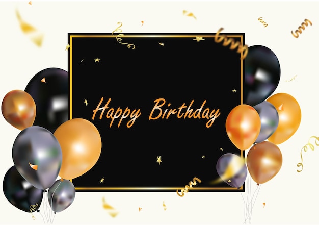 Elegante modello di banner di carta di celebrazione di buon compleanno con palloncino scuro e oro