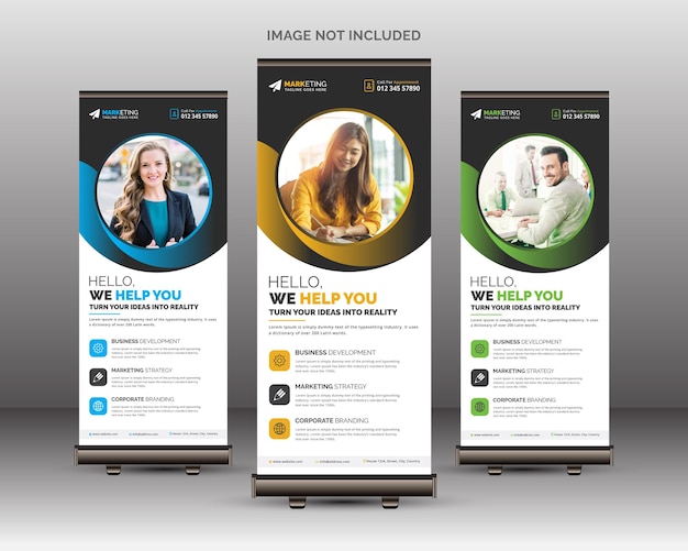 Elegante modello di banner roll up aziendale blu giallo verde sfumato X Banner Design