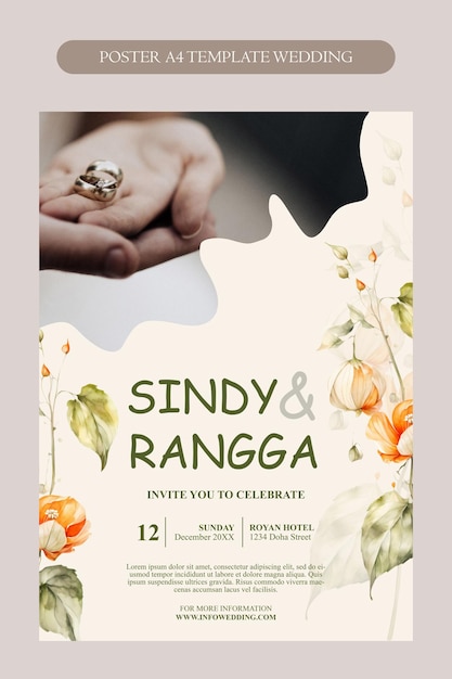 Elegante modello di poster da matrimonio con fiori acquerellati arancione
