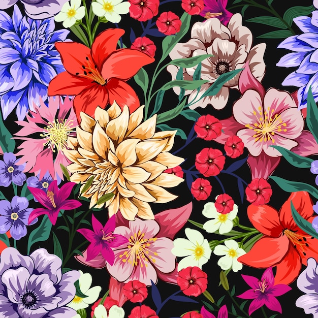 Elegante motivo colorato senza cuciture con illustrazione di disegno floreale botanico