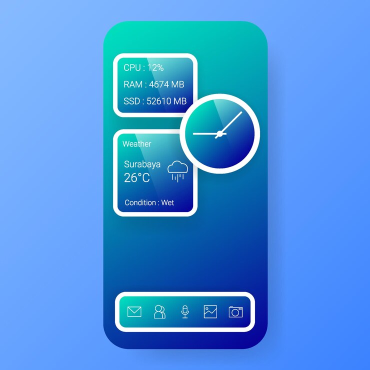 Vettore elegante orologio meteo per widget di interfaccia utente per smartphone
