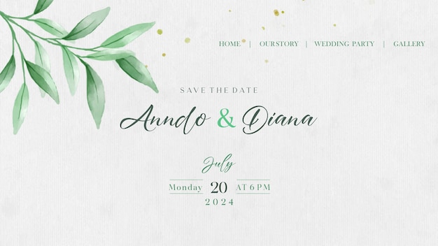 Elegante pagina di partenza per il matrimonio disegnata a mano con acquerelli