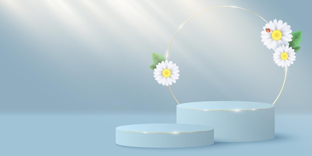 Elegante scena minimale e cerchio d'oro con fiori di plumeria. Palco o podio 3D. Effetto fascio di luce.