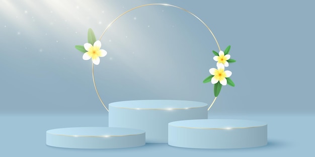 Elegante scena minimale e cerchio d'oro con fiori di plumeria. Palco o podio 3D. Effetto fascio di luce.