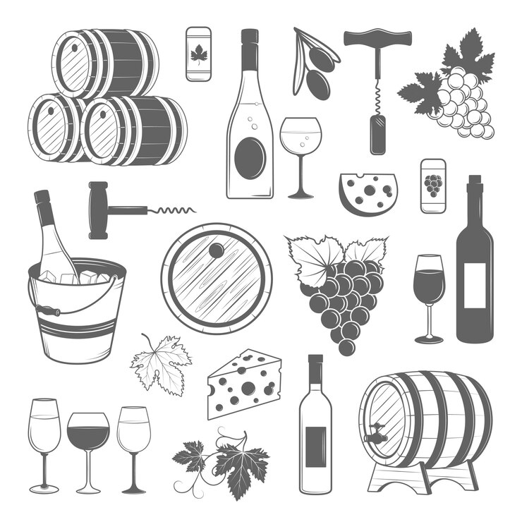 Elegante set di vino di elementi vintage vettoriale