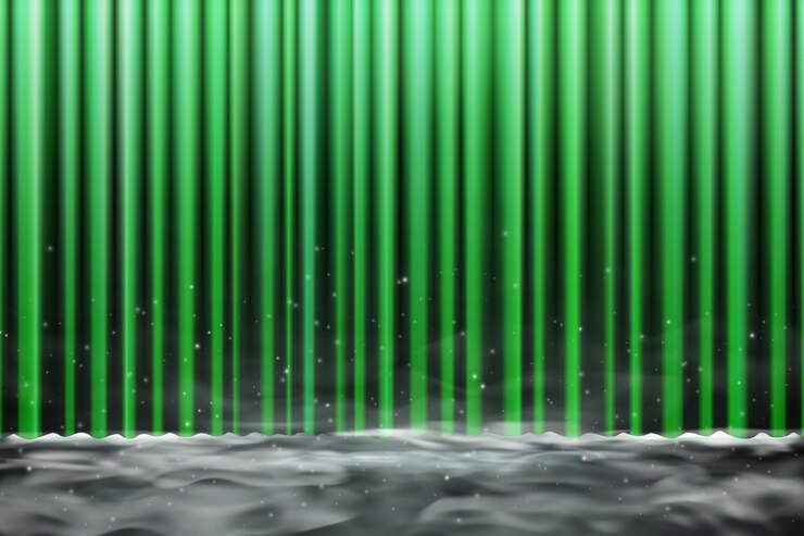 Vettore elegante tenda verde su un palco di lusso con tende di velluto, riflettori, fumo e effetti di macchine per la nebbia.