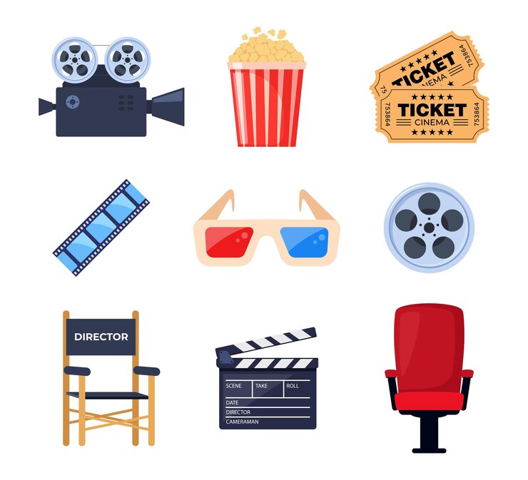 Elementi cinematografici Biglietti secchio di popcorn occhiali 3D clapperboard montaggio nastro videocamera