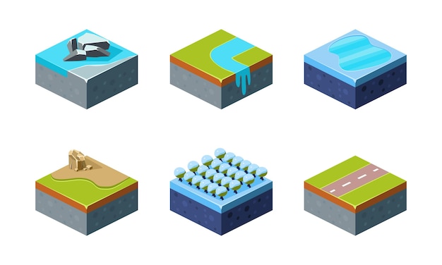 Elementi del paesaggio naturale impostano le risorse dell'interfaccia utente delle piattaforme di gioco per l'app mobile o il videogioco illustrazione vettoriale isolato su sfondo bianco