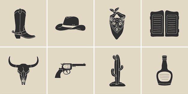 Elementi del Wild West in stile moderno in stile linea piatta Illustrazione vettoriale disegnata a mano