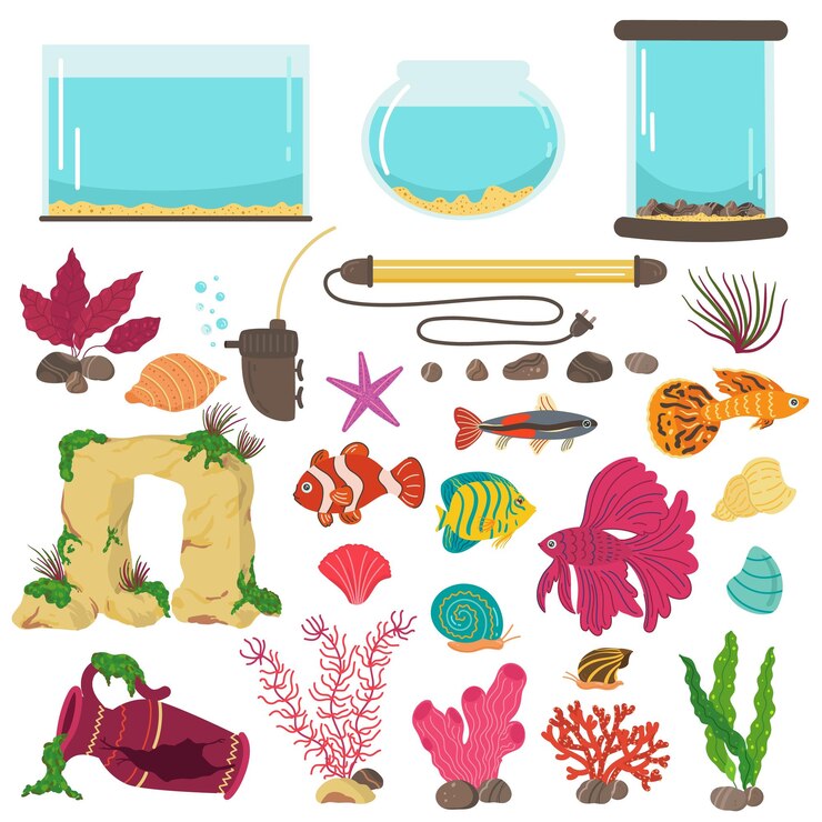 Vettore elementi dell'acquario decorazione interna contenitori d'acqua in vetro per colori piccoli pesci elementi di hobby per la casa decorazione subacquea pietre e alghe colorate set isolato in stile piatto vettoriale