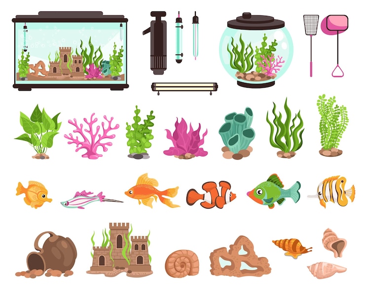 Vettore elementi dell'acquario habitat decorativo dei pesci contenitori di vetro varie forme isolate con acqua e alghe rocce e coralli sottomarini filtri acquario pesci rossi e conchiglie splendido set vettoriale