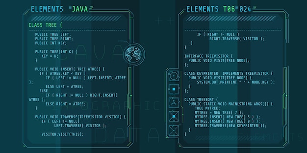 Elementi dell'interfaccia HUD con parte del codice Java.