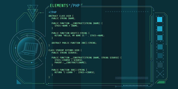 Elementi dell'interfaccia HUD con parte del codice PHP.