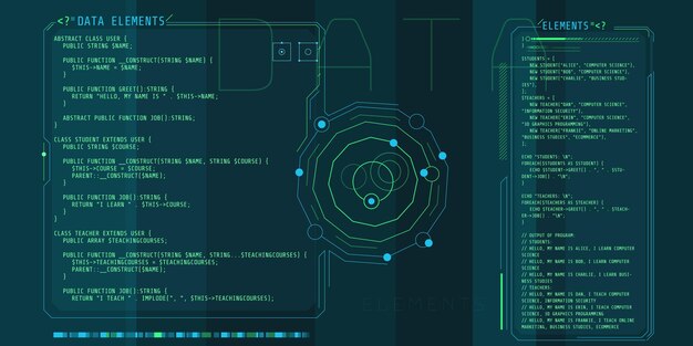 Elementi dell'interfaccia HUD con parte del codice PHP.