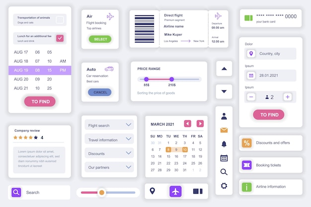 Elementi dell'interfaccia utente impostati per la prenotazione di app mobile Modello di kit con diagrammi HUD biglietto aereo carta d'imbarco modulo calendario informazioni di viaggio Pacchetto di schermate GUI UI UX Componenti vettoriali