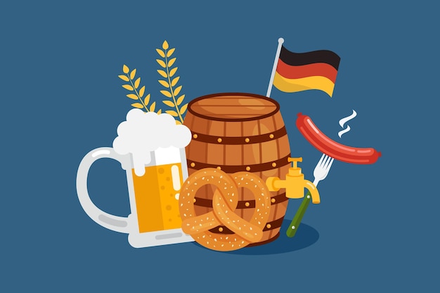 Elementi dell'Oktoberfest con birra, salsiccia, pan di zenzero e bandiera tedesca