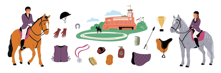 Vettore elementi dello sport equestre dei cartoni animati cavalieri felici a cavallo jockeys con animali e accessori stadio di corse di cavalli bridle e sella stallone attrezzi di pulizia set vettoriale garish
