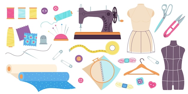 Elementi di cucito artigianale collezione di sartoria cucire manichini vestiti bottoni forbici e tessuti ricami e fili set vettoriale decente