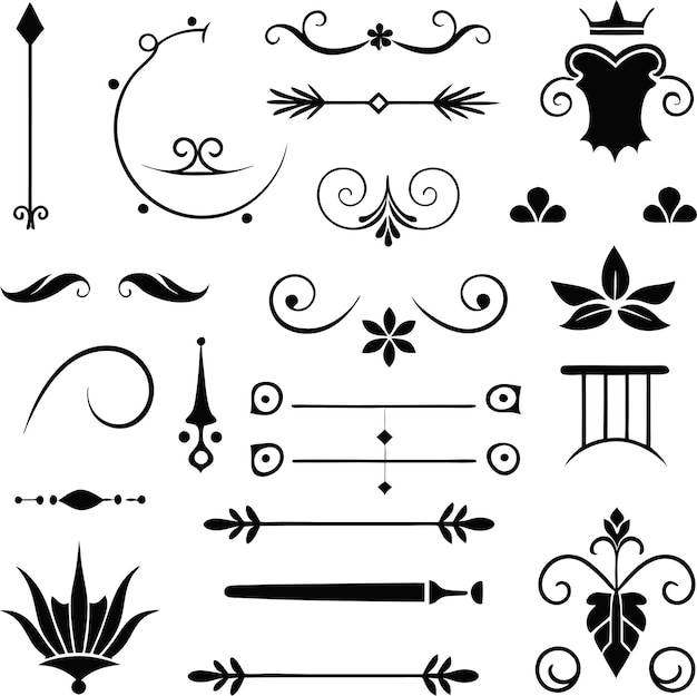 Elementi di design calligrafico in stile romano Divisori ornamentati e set di copricapi