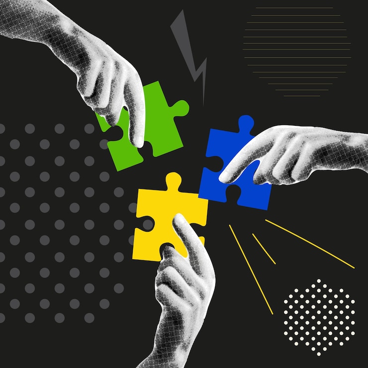 Vettore elementi di design collage in stile pop art punteggiato di tendenza il puzzle di connessione della squadra simboleggia la creatività